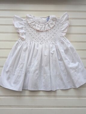 Friemanit Vintage Smocked White Ruffle-Trim Dress for Girls